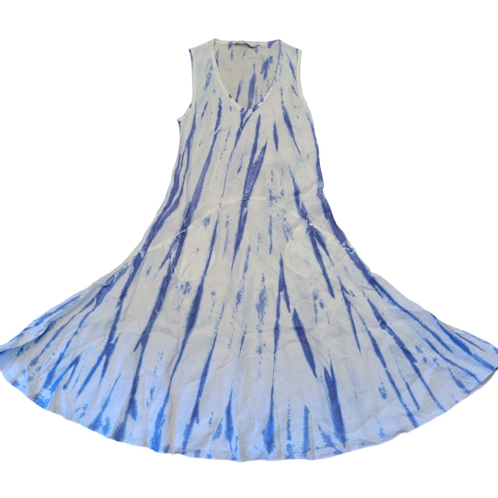 Luna Luz XS Linen Midi Dress Blue White Tie Dye Sleeveless Pockets Lagenlook USA